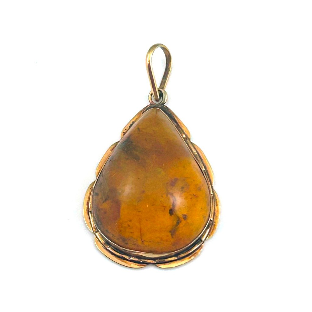 Vintage 14k Yellow Gold Large Orange Amber Pendant